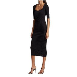 Wayf Black Satin Stretchy Ruched Midi Bodycon Dress size 8 NWT
